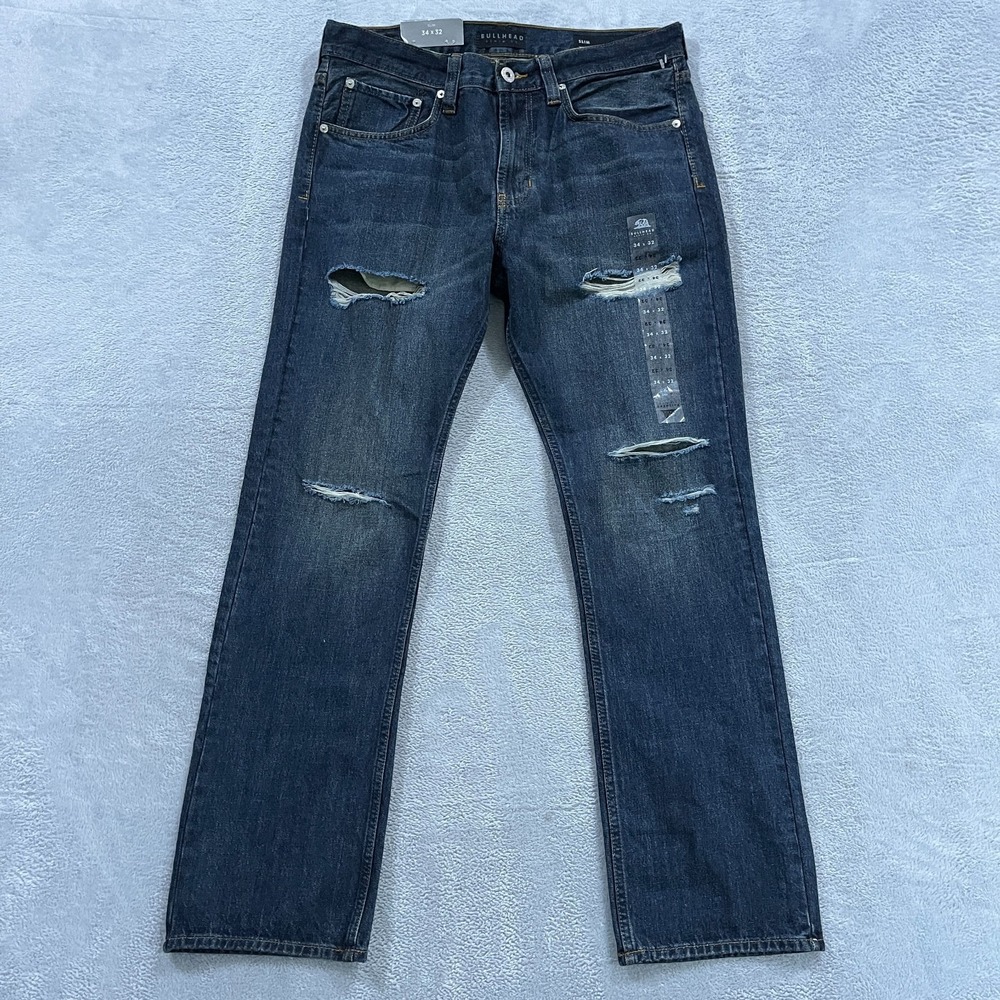 Bullhead‎ Mens Blue Slim Straight Leg Denim Jeans 34x32 Distressed Y2K Skater